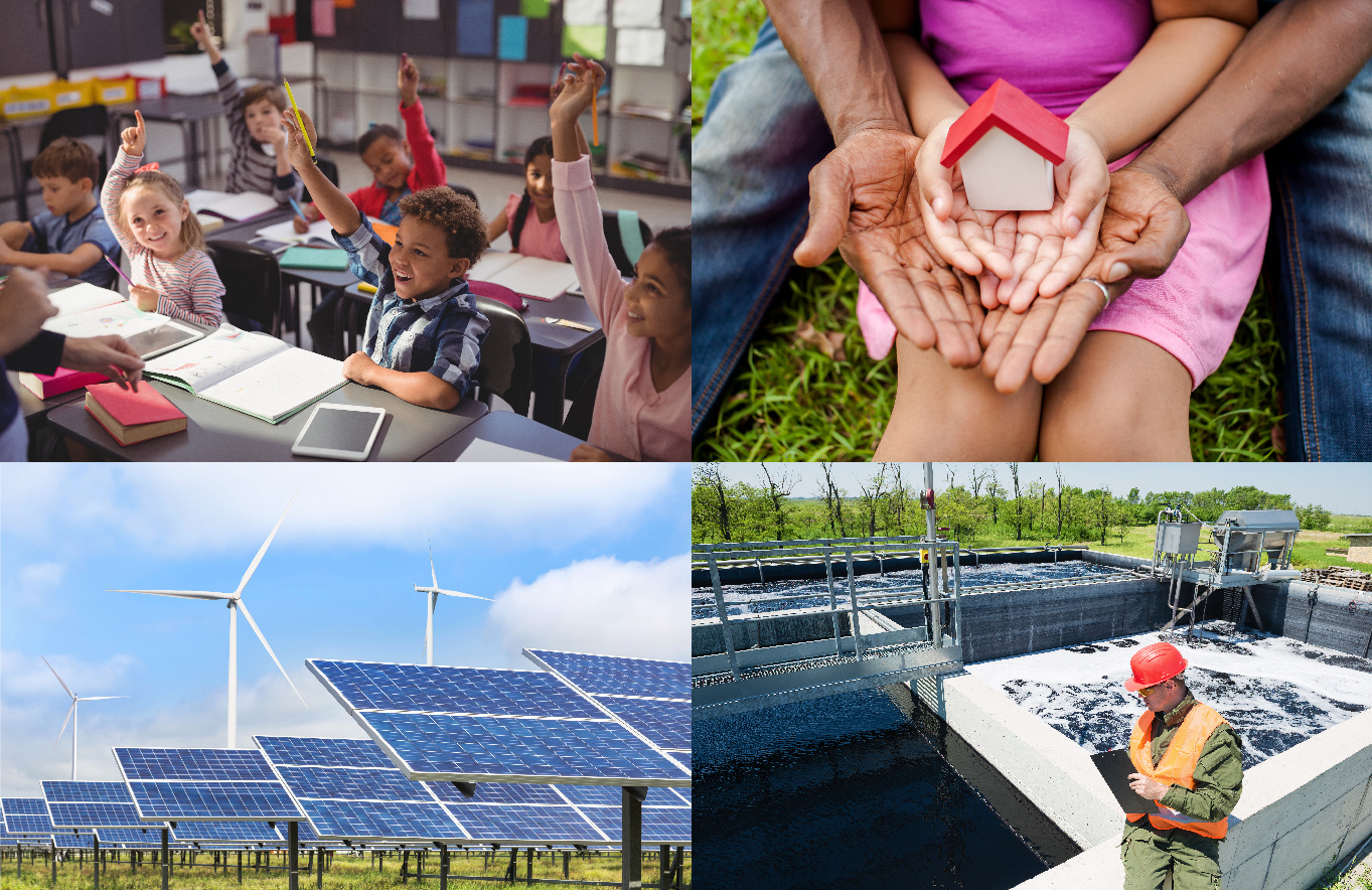 enacted-budget-graphic Children in classroom, wind turbines and solar panels, family, water treatment facility.