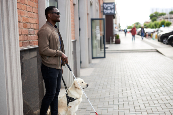 A young Black man with a white cane and guide dog is smiling A young Black man with a white cane and guide dog is smiling