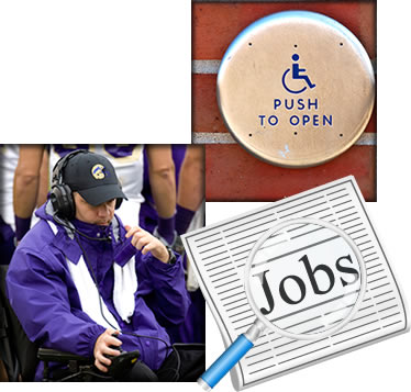 A collage of images including a man in a wheelchair, a door opener, and a magnifying glass showing the word jobs from a newspaper.