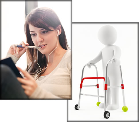 An image of a woman wearing headphones and and image of a walker with tennis balls on it. 