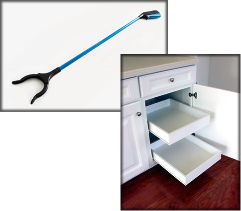 A photo of a grabber and a photo of an adjustable cupboard.