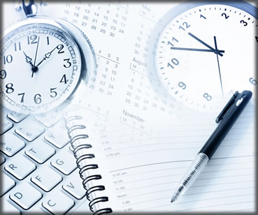 Collage of clocks, calendars, laptop, and pen.