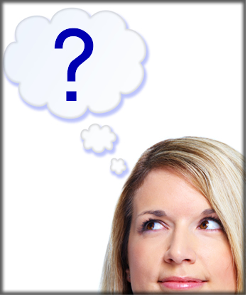 Thought bubble with a question mark inside above a woman's head.  