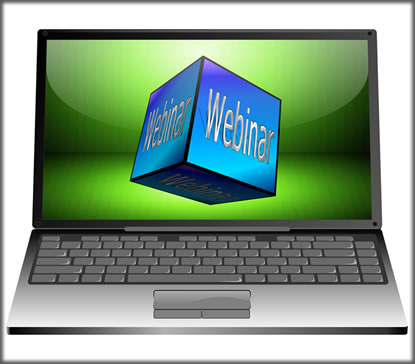 Image of laptop with a cube on the screen that says webinar on all sides.