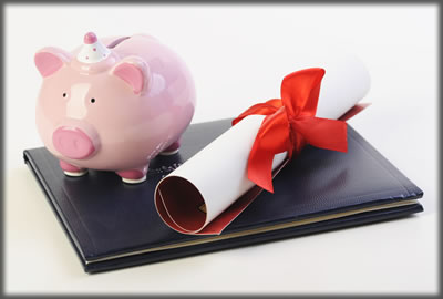 A piggy bank and a diploma.