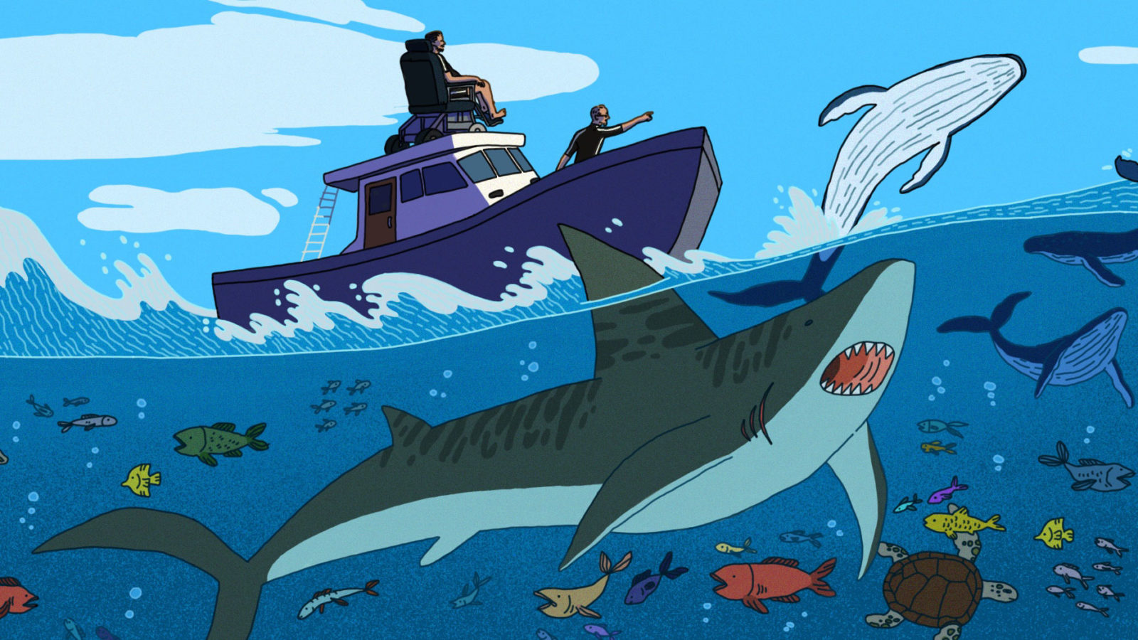 Drawing of Ed Roberts atop a boat surrounded by sea life