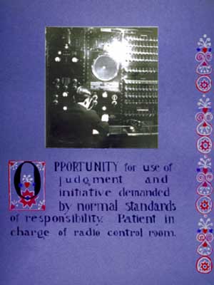 This beautiful photograph, like most photos inset in this brochure, was probably taken by a professional photographer. One might wonder what was being controlled in the "radio control room."