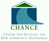 Logo of chance: a house with the words center for housing and new community economics
